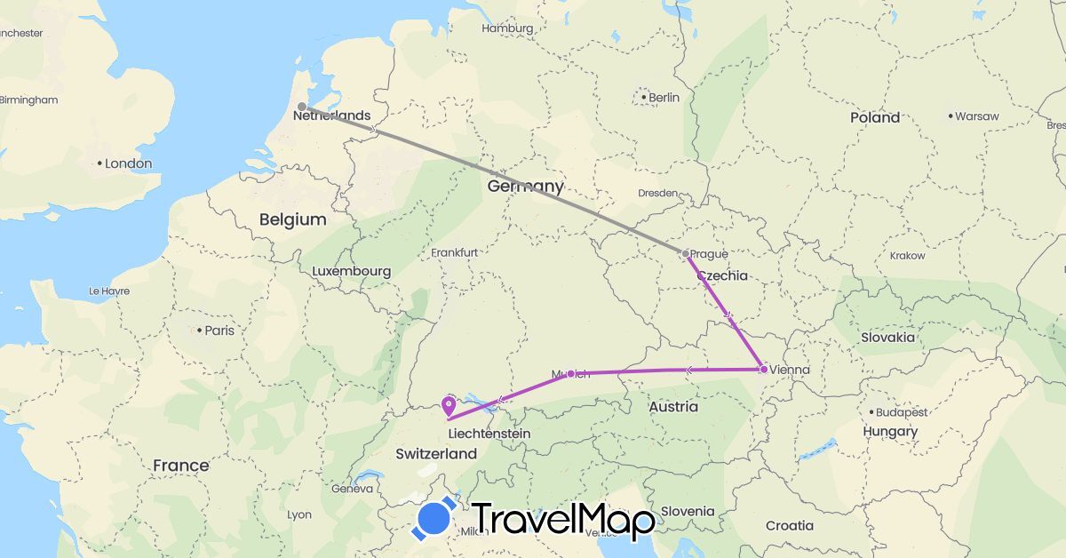 TravelMap itinerary: plane, train in Austria, Switzerland, Czech Republic, Germany, Netherlands (Europe)